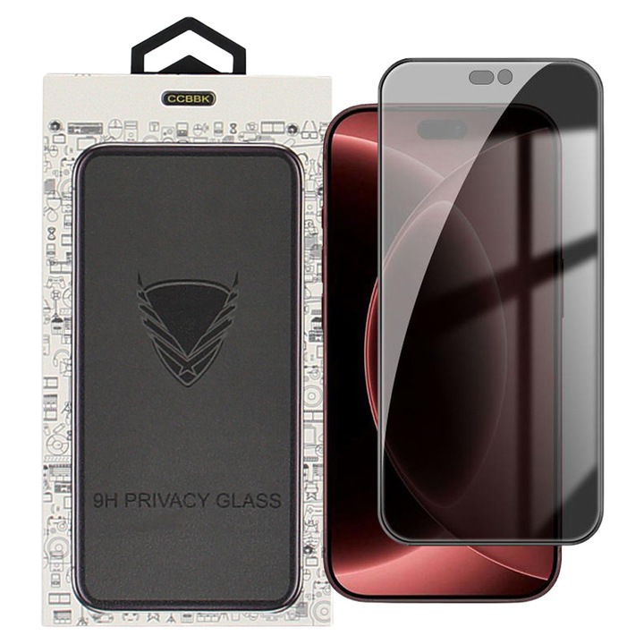 iPhone 18 Pro kompatibilis Privacy üvegfólia – betekintésvédő 9H edzett kijelzővédő, fekete keretes tempered glass, OG Premium