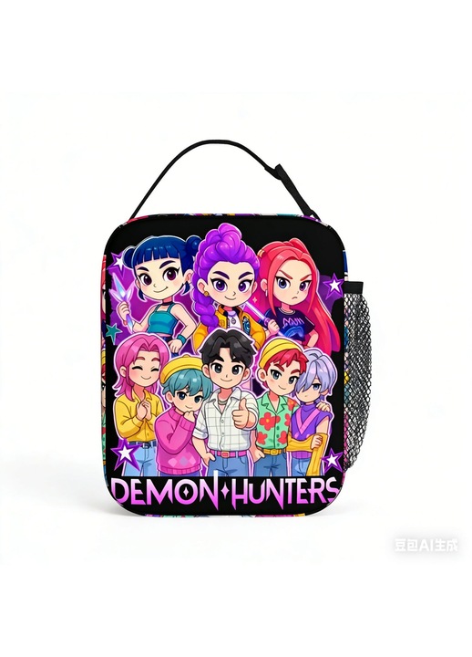 Термо чанта за обяд от текстил, щампа K-pop Demon Hunters, многоцветна, 27 x 23 x 11 см, страничен мрежест джоб, PLKP-K0563-260828-14