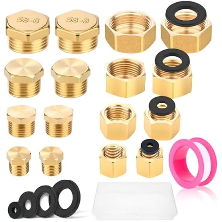 Set dopuri filetate din alama K0588-CJ-260827-0454, cu filete interioare si exterioare, 4 x 1/8" / 4 x 1/4" / 4 x 3/8" / 4 x 1/2" inch, include inele de etansare si banda de etansare, auriu, 16 buc.