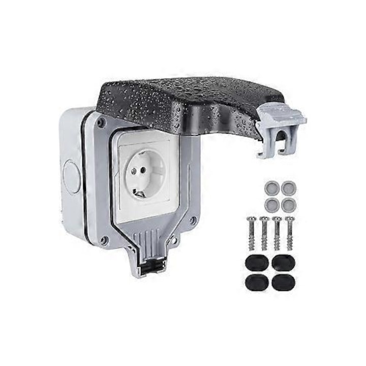 Външен контакт IP66 FRU-CJK0424-260901-625, водоустойчив стенен контакт от ABS, 16A, 220–250V, капак със заключване, съвместим с PG13.5, сив/черен