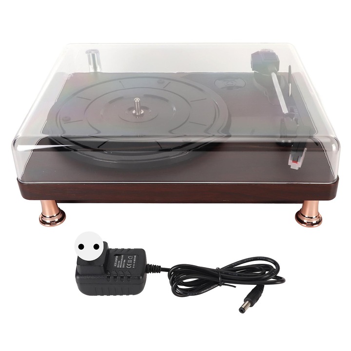 Грамофон FRU-CJK0424-260902-066, 3 скорости 33/45/78 RPM, вграден високоговорител, AUX вход, RCA изход, 3,5 мм жак, рубинена доза с двойна магнитна игла, покритие от естествено дърво, захранване 100-240V