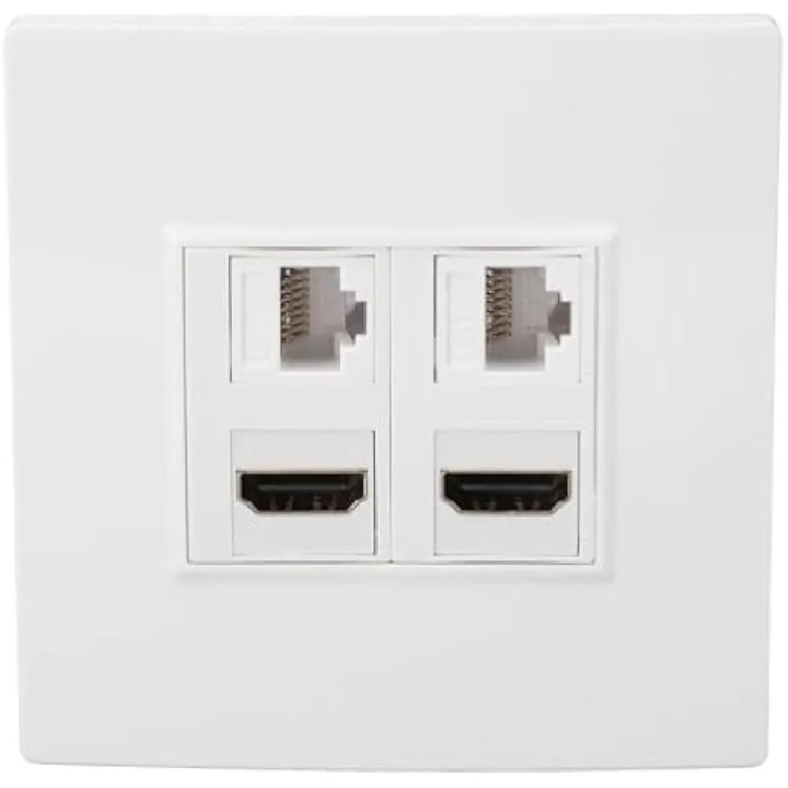 Placa de perete Ethernet CAT6, panou de informatii multimedia cu 4 porturi, 2 CAT6, pentru computere, televizoare, hard disk-uri, proiectoare, compatibila cu cutii de priza standard
