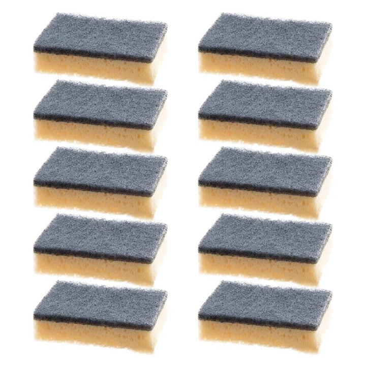 Burete de bucatarie ZYBLSSBB LSM6414-BCS0396016, spuma cu strat abraziv, gri/galben, set 10 buc., 10 x 6 x 2.5 cm