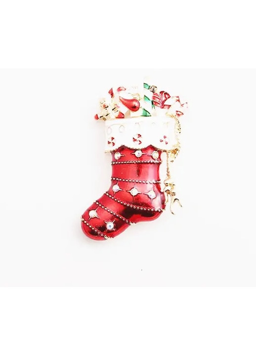 Brosa soseta de Craciun din metal placat cu aur, emailata si decorata cu cristale, multicolor, PRE-CJk0515-26-0828-2002