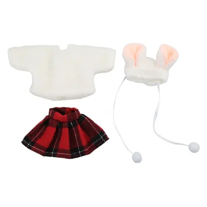 Set de haine pentru papusi in plus, 3 piese: bluza alba, fusta tartan rosie, caciula cu urechi de iepure, multicolor, 16 cm