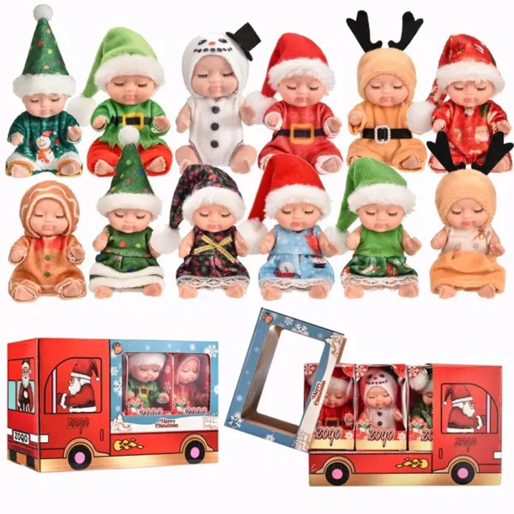 Set de 12 papusi reborn bebelusi somnorosi cu costume de Craciun, multicolor, 11 cm