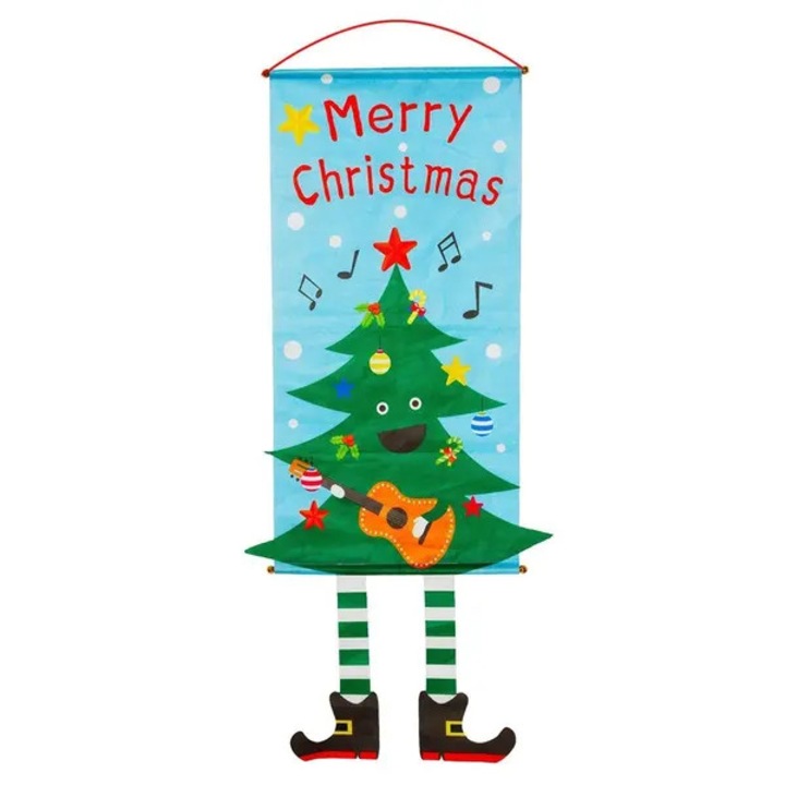 Karácsonyi dekorációs zászló PRE-CJk0515-26-0828-4538, textil anyag, fenyőfával és 'Merry Christmas' felirattal, többszínű, 1 db.