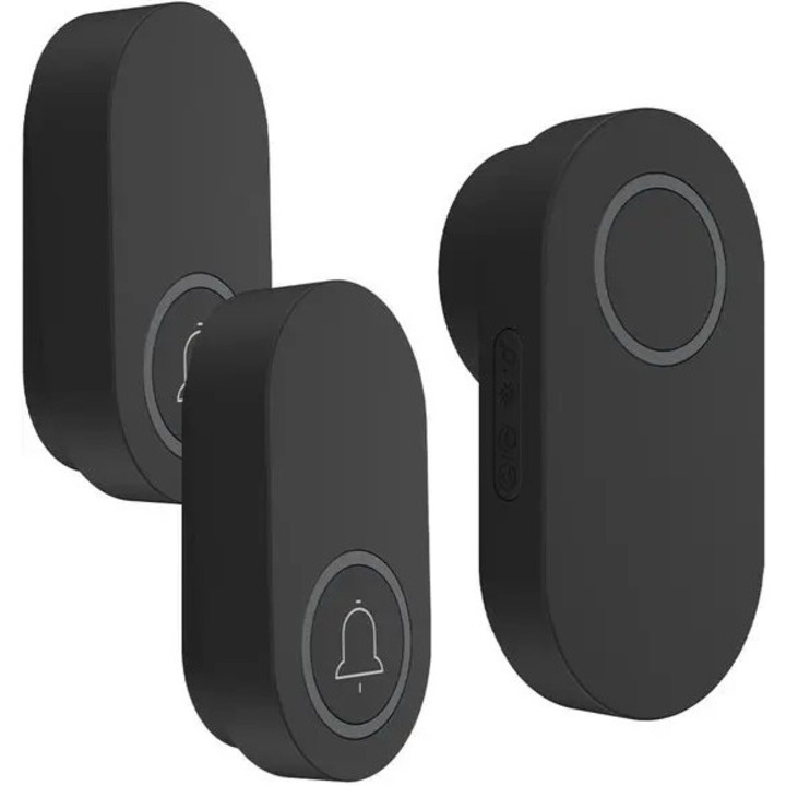 Sonerie wireless KP-K0238-K0594-260827-054, 2 transmitatoare si 1 receptor, cu senzor de usa, negru