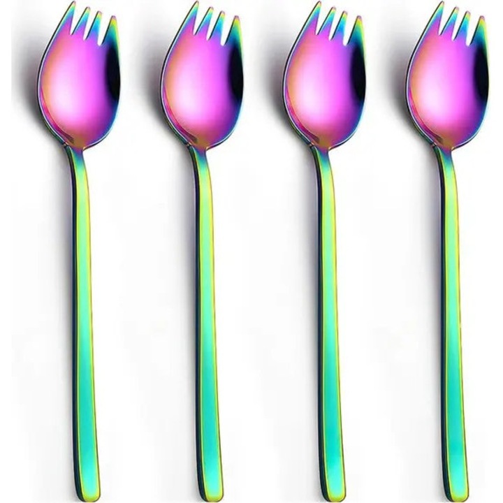 Spork 2-in-1 k0596-260828-020 din otel inoxidabil, maner lung, finisaj irizat, Multicolor, set 4 buc., 20 x 1 cm