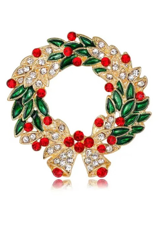 Brosa din aliaj metalic placat auriu, coroana de craciun cu fundita si cristale cubic zirconia, multicolor, 4,5 x 4,3 cm