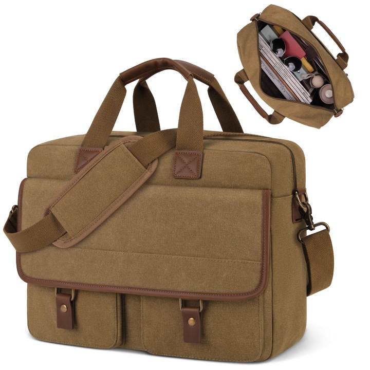 Geanta pentru laptop din canvas cu finisaje din PU, vintage, compartiment captusit pentru 15.6 inch, curea detasabila si reglabila, buzunare multiple, khaki, 38 × 12.7 × 30.5 cm