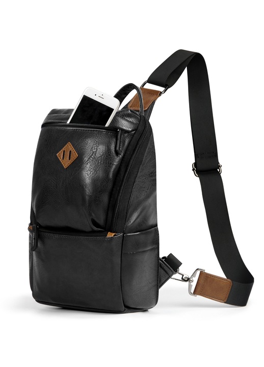 Geanta sling/crossbody din piele PU texturata pentru barbati, buzunar pentru tableta si multiple compartimente, bretea reglabila si detasabila, negru/maro, 29×17×10.5 cm