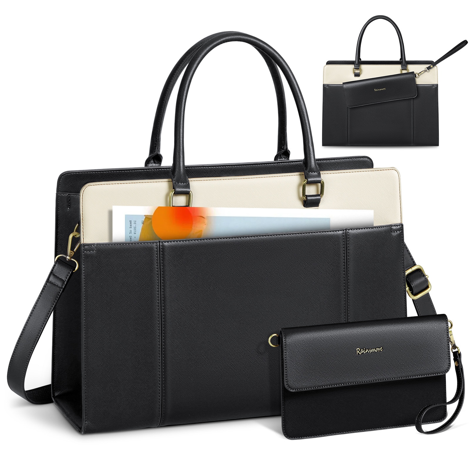 Geanta tote pentru laptop din piele ecologica (PU) cross-grain, compartiment pentru laptop pana la 15.6 inch, set cu clutch plic si curea detasabila, negru/alb