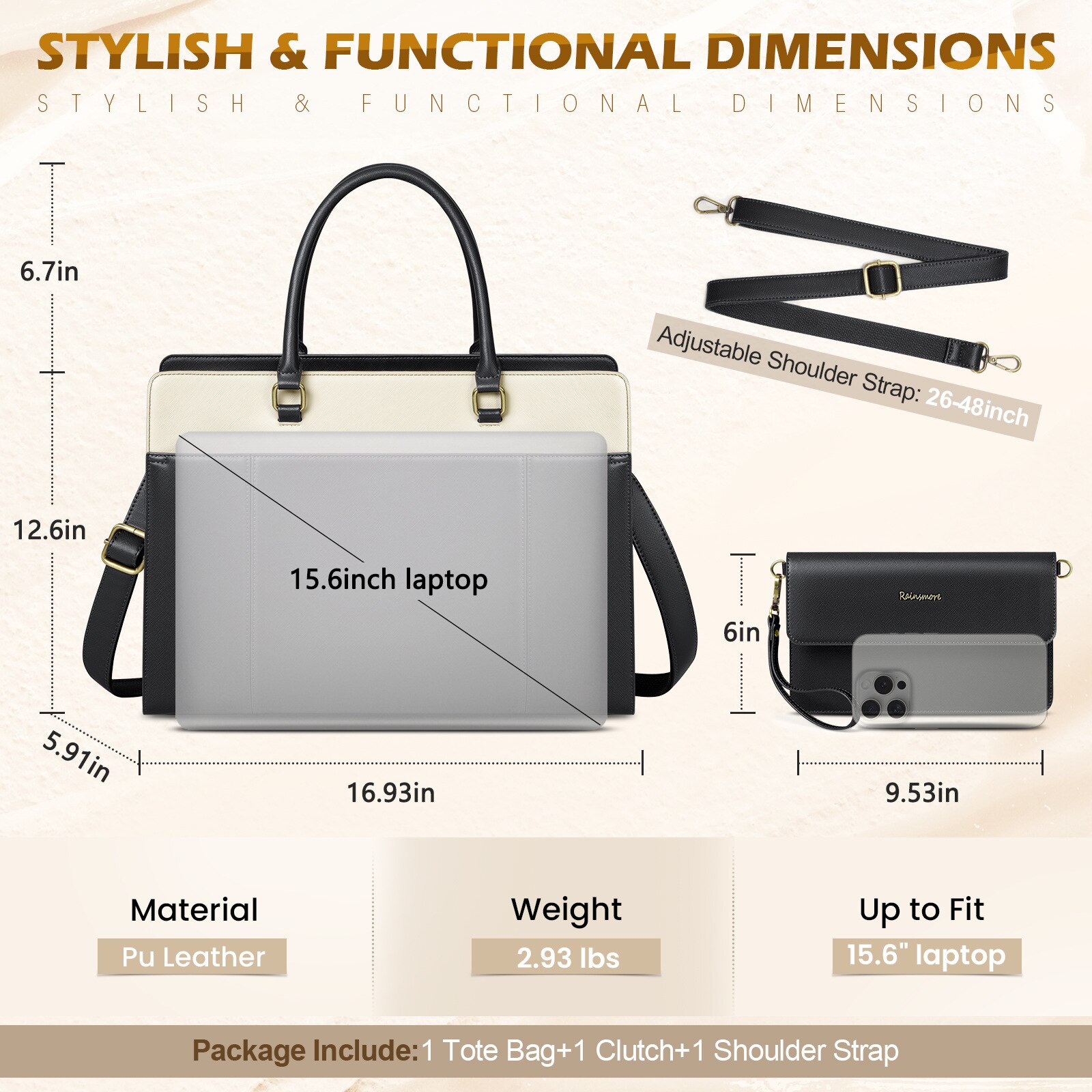 Geanta tote pentru laptop din piele ecologica (PU) cross-grain, compartiment pentru laptop pana la 15.6 inch, set cu clutch plic si curea detasabila, negru/alb