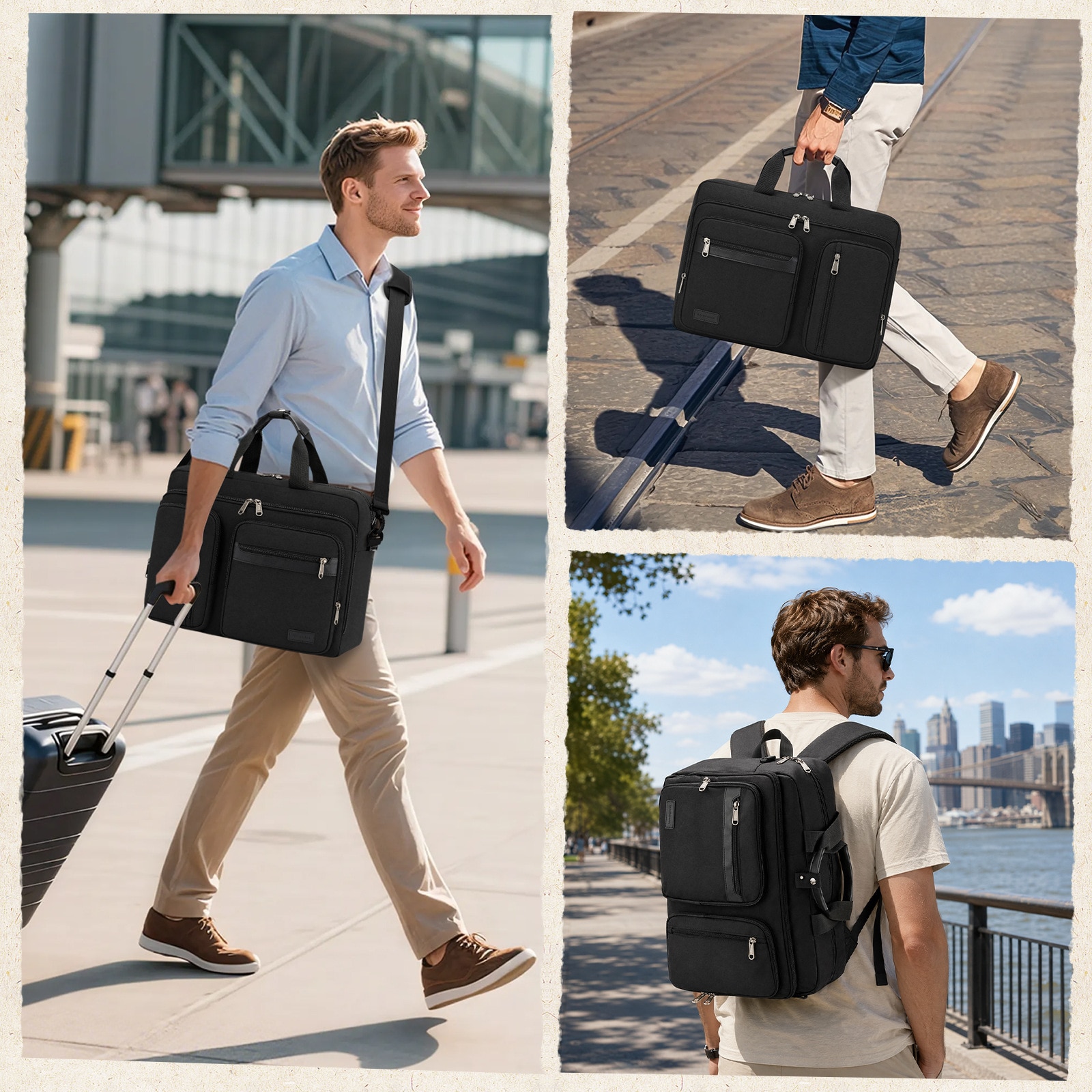 Geanta business convertibila pentru laptop din nylon, multi-compartimente, compartiment captusit pentru laptop 17,3", curea detasabila si bretele ascunse pentru rucsac, negru