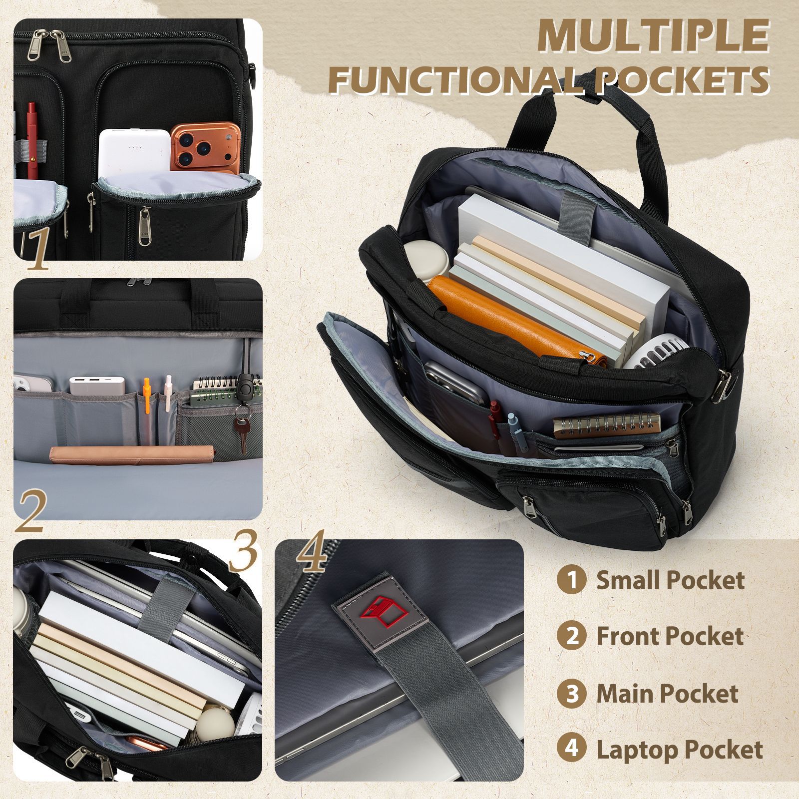 Geanta business convertibila pentru laptop din nylon, multi-compartimente, compartiment captusit pentru laptop 17,3", curea detasabila si bretele ascunse pentru rucsac, negru