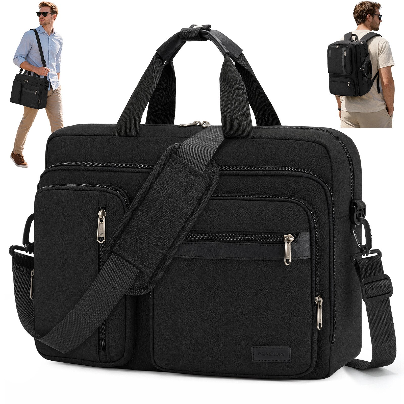 Geanta business convertibila pentru laptop din nylon, multi-compartimente, compartiment captusit pentru laptop 17,3", curea detasabila si bretele ascunse pentru rucsac, negru