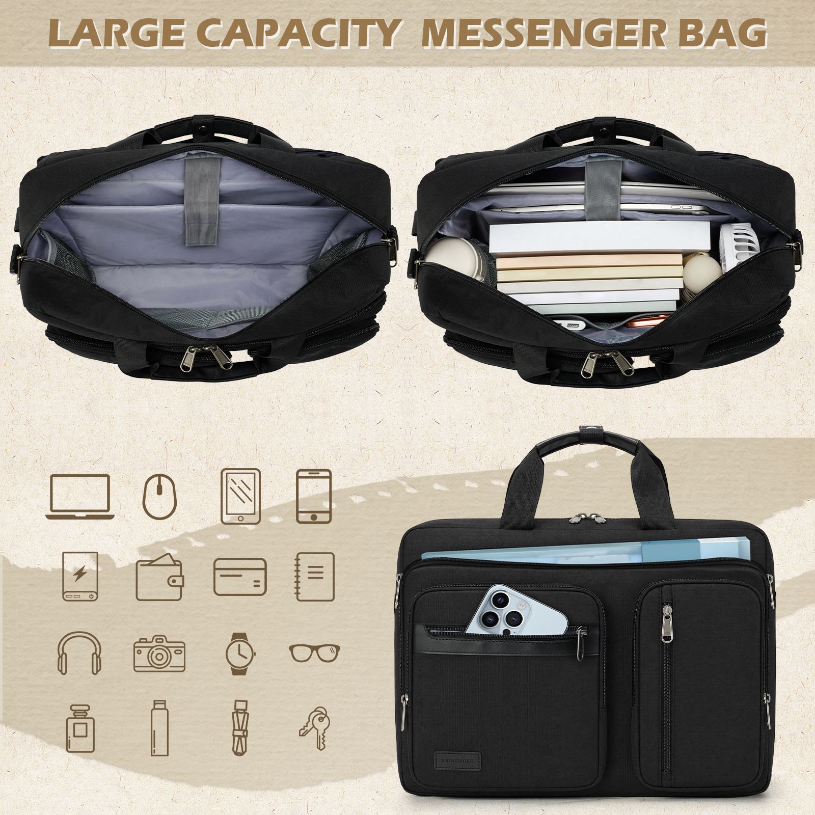 Geanta business convertibila pentru laptop din nylon, multi-compartimente, compartiment captusit pentru laptop 17,3", curea detasabila si bretele ascunse pentru rucsac, negru