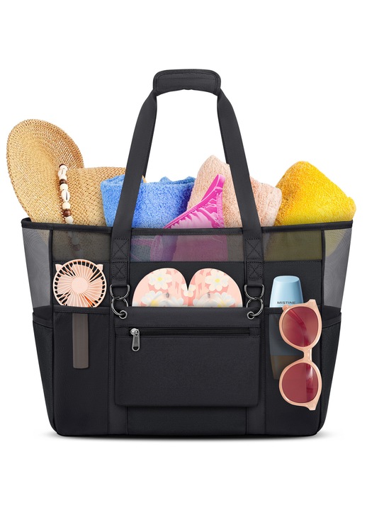 Geanta tote de plaja din mesh si oxford, anti-nisip, buzunare exterioare multiple cu fermoar, manere captusite, negru, 46 × 20 × 35 cm