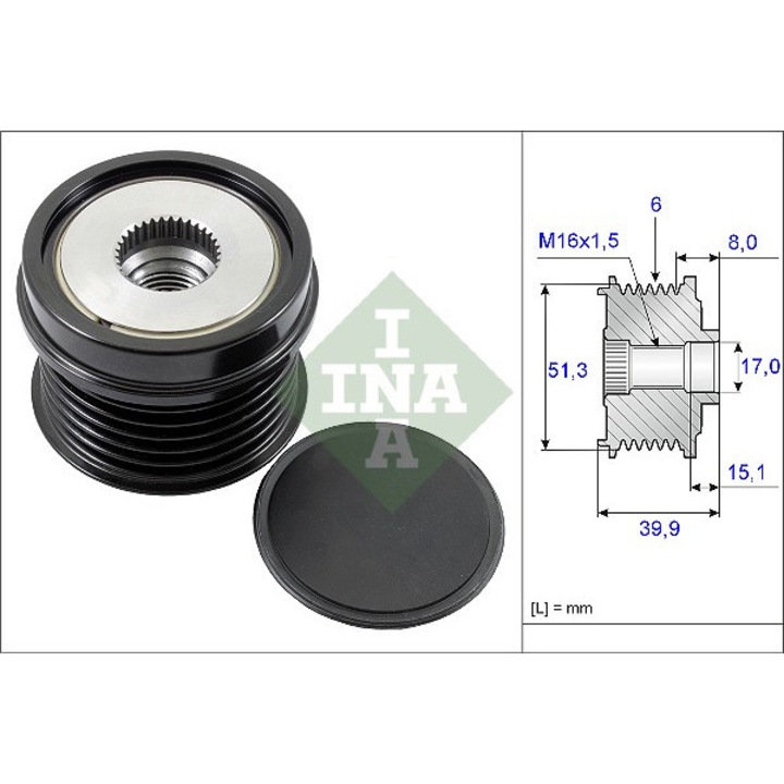 Fulie alternator INA, 39.9mm, compatibilă cu Volvo și Ford