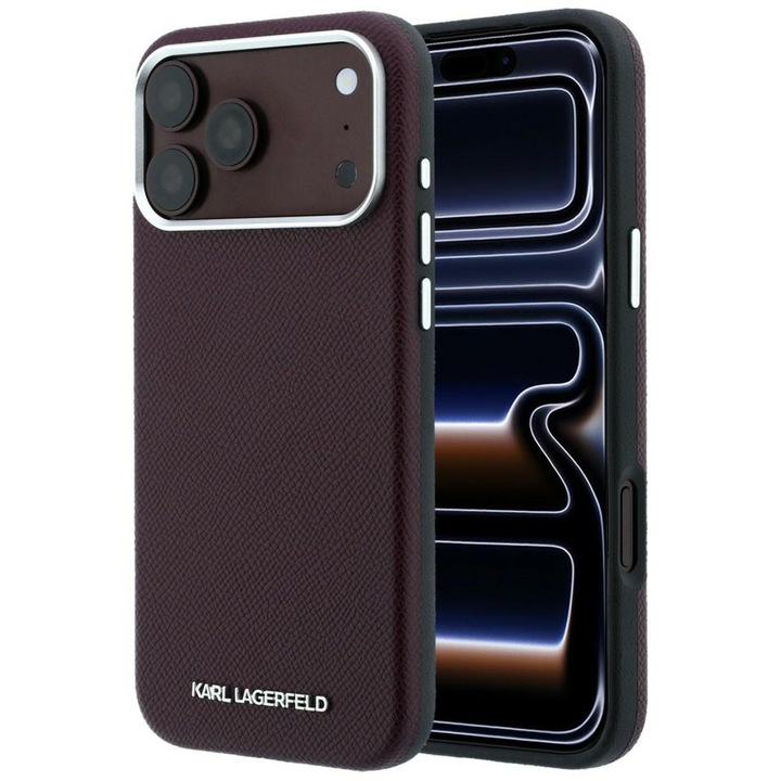 Husa Karl Lagerfeld Grained Elongated Logo, rezistenta la socuri, visiniu, compatibil iPhone 17 Pro Max/18 Pro Max