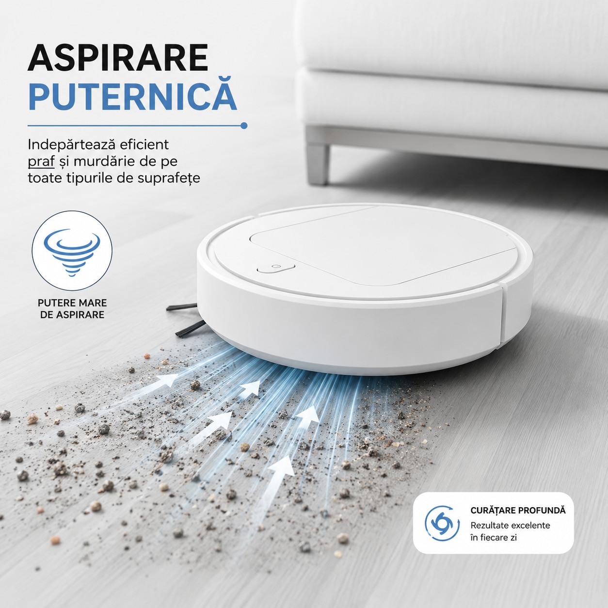 Aspirator Robot, 1200 Pa, Senzor Anti-cadere, Detectare Obstacole, Autonomie 90 min, Baterie 1200 mAh, ABS, Alb