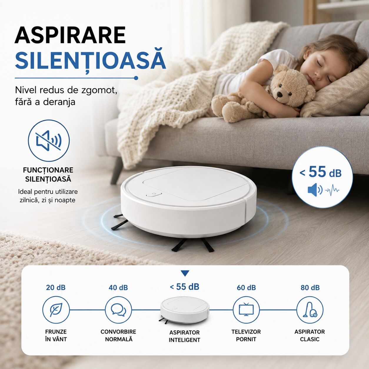 Aspirator Robot, 1200 Pa, Senzor Anti-cadere, Detectare Obstacole, Autonomie 90 min, Baterie 1200 mAh, ABS, Alb