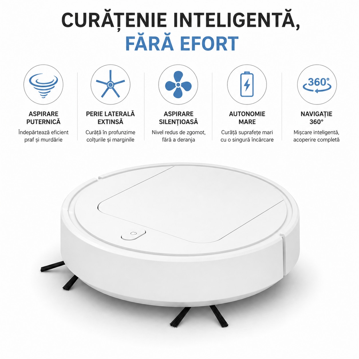 Aspirator Robot, 1200 Pa, Senzor Anti-cadere, Detectare Obstacole, Autonomie 90 min, Baterie 1200 mAh, ABS, Alb