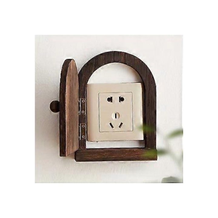 Capac protectie decorativ pentru priza montat pe perete FRU-CJK0424-260901-1007, din lemn de pin cu usa rabatabila, maro inchis