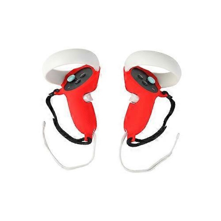 Комплект от 2 силиконови дръжки за контролери Touch Oculus Quest 2 FRU-CJK0424-260901-1388, червено/бяло, включва 2 каишки за китка и 2 капачки за джойстик