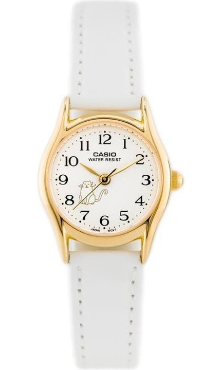 Casio, ceas de dama din otel inoxidabil placat auriu cu curea din piele naturala, quartz, WR30, model LTP-1094Q-7B8, auriu/alb, 24 mm