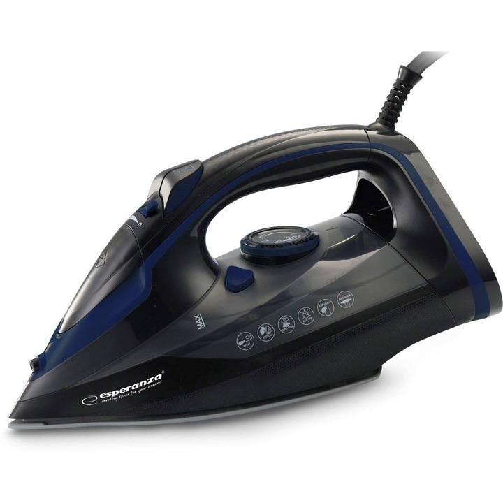 Fier de calcat cu abur Esperanza EHI012, talpa ceramica, 2600 W, rezervor 0.35 L, abur continuu si boost, anti-calcar, anti-picurare, cablu 2.1 m, negru