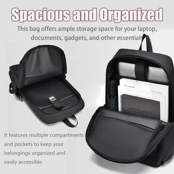 Rucsac pentru laptop din polyester impermeabil, pentru laptop 15.6 inch, bretele captusite si spate ventilat, negru, 30 x 42.5 x 15 cm