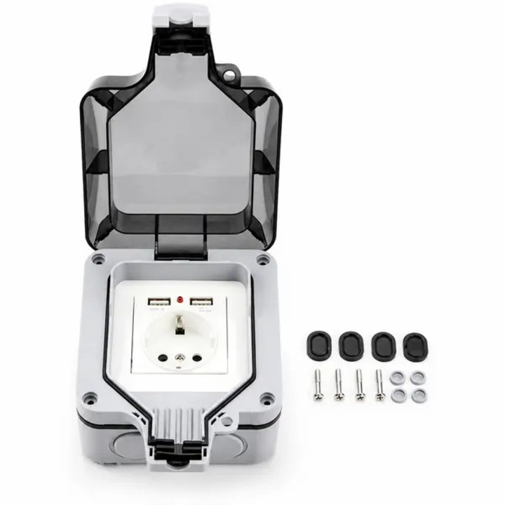 Priza de perete pentru exterior cu capac, 1 priza Schuko si 2 porturi USB, IP66, 16A AC250V, ABS, gri, 11.6x11.6x8.7 cm, VITERRA.4-25CDCJ-K0232-260829-6387