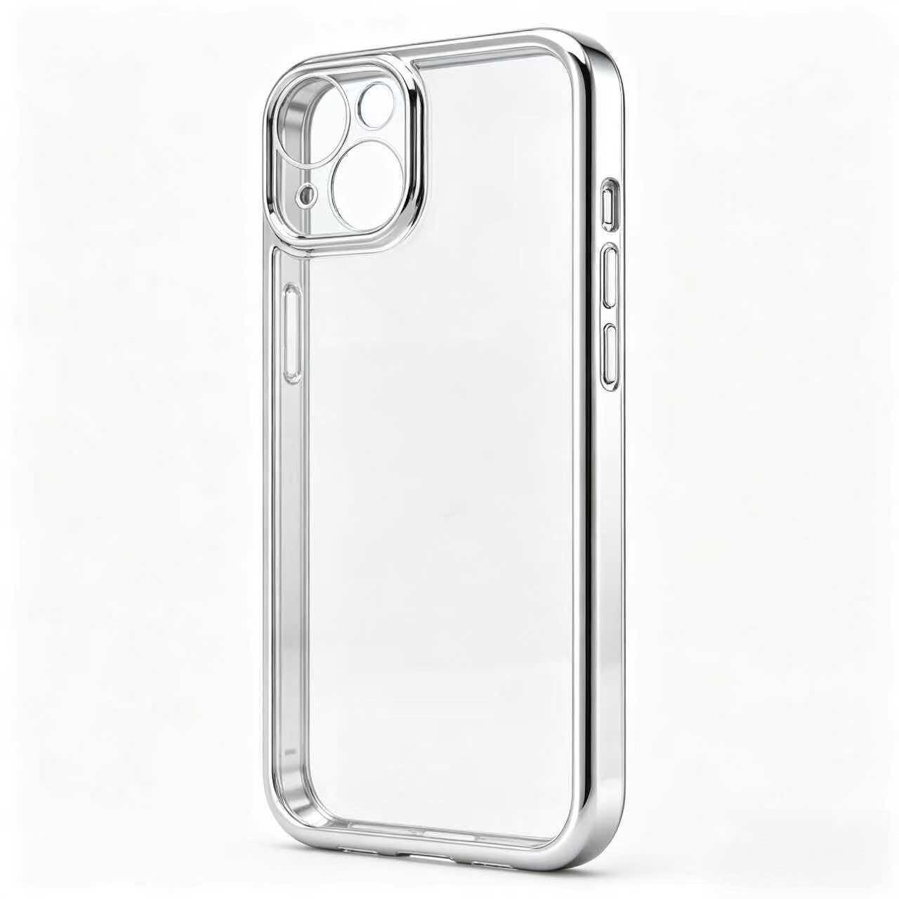 Husa de telefon pentru iPhone 14, spate transparent din PC, rama electroplacata argintie si bumper TPU, protectie ridicata pentru lentila, anti-galbenire