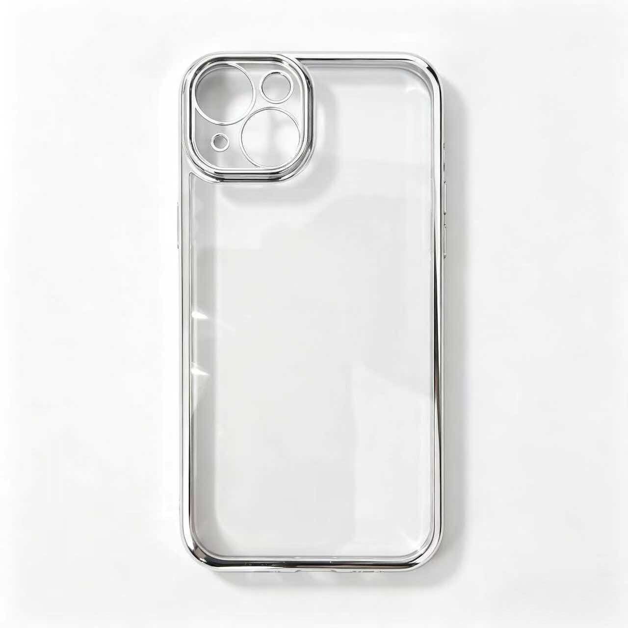 Husa de telefon pentru iPhone 14, spate transparent din PC, rama electroplacata argintie si bumper TPU, protectie ridicata pentru lentila, anti-galbenire