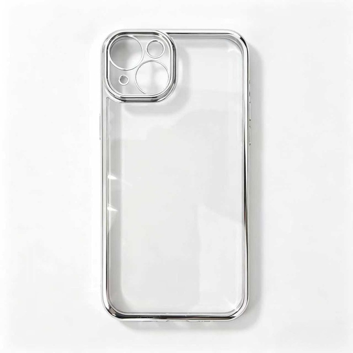 Husa de telefon pentru iPhone 14, spate transparent din PC, rama electroplacata argintie si bumper TPU, protectie ridicata pentru lentila, anti-galbenire