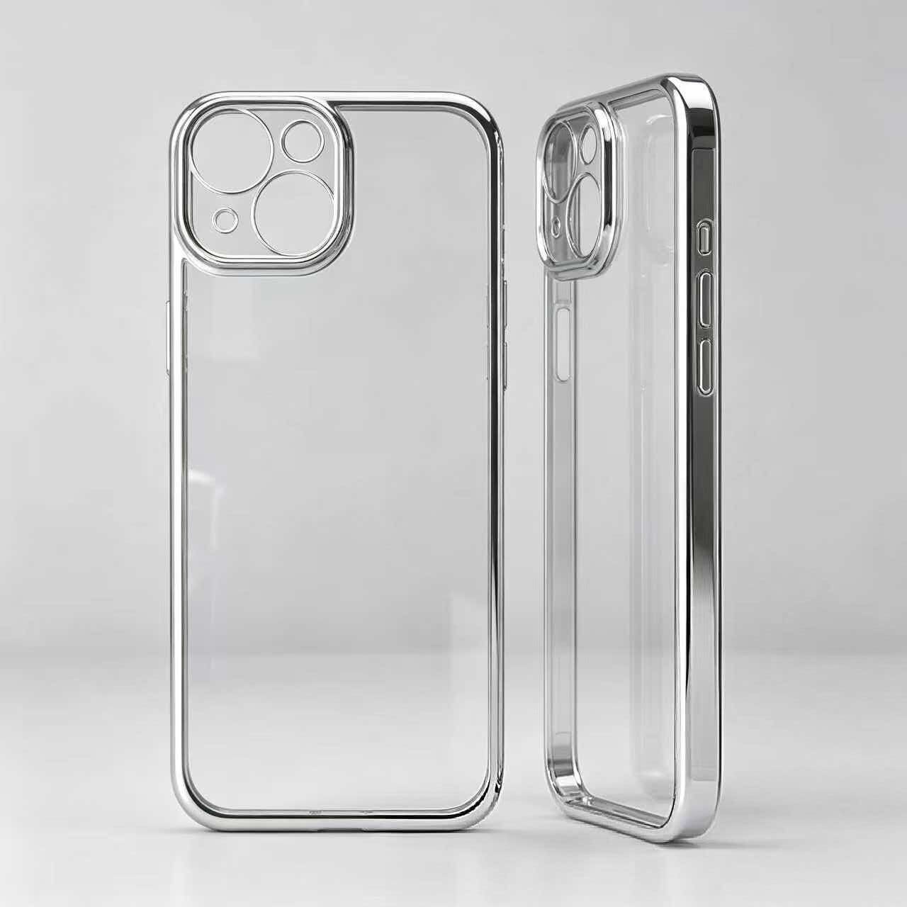 Husa de telefon pentru iPhone 14, spate transparent din PC, rama electroplacata argintie si bumper TPU, protectie ridicata pentru lentila, anti-galbenire