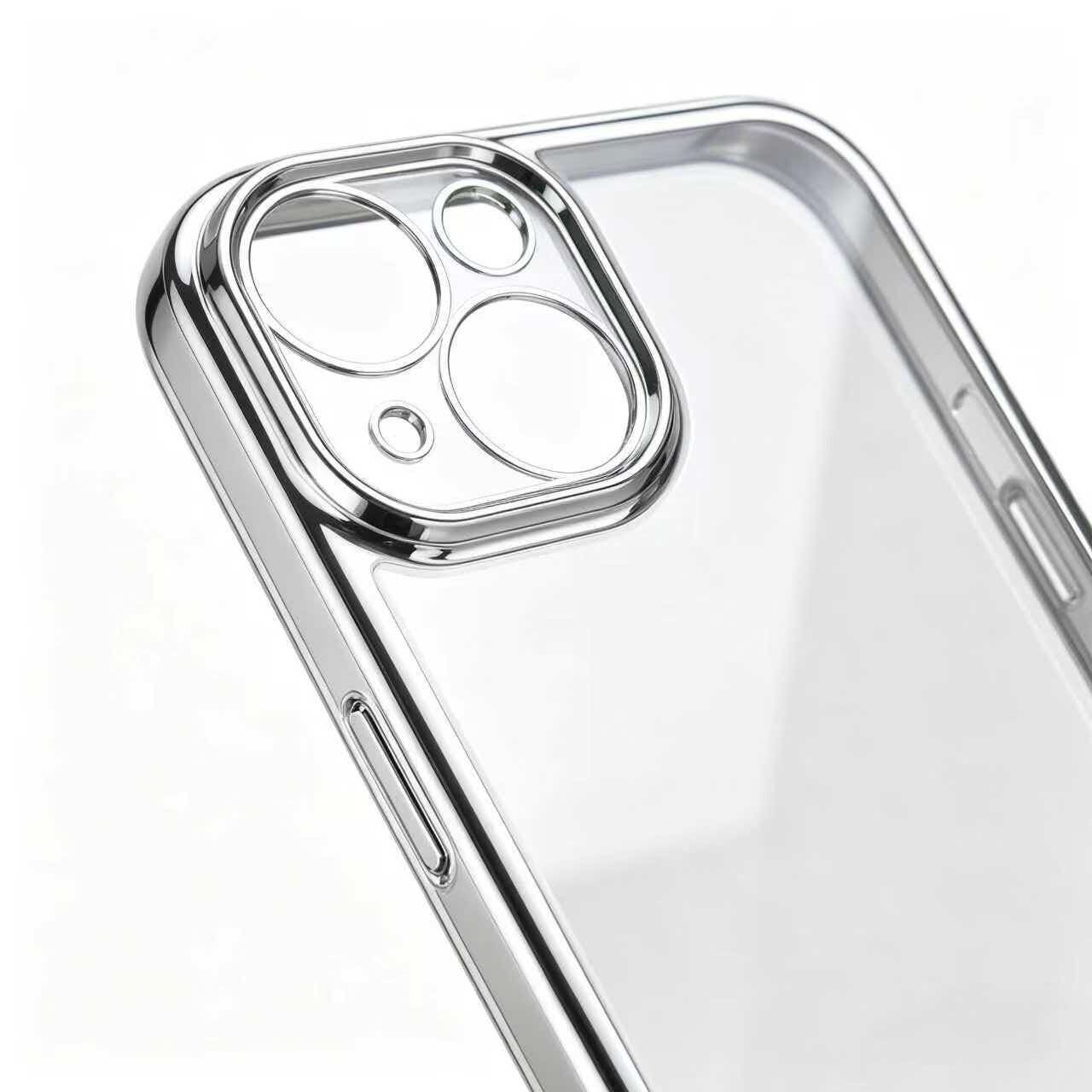 Husa de telefon pentru iPhone 14, spate transparent din PC, rama electroplacata argintie si bumper TPU, protectie ridicata pentru lentila, anti-galbenire