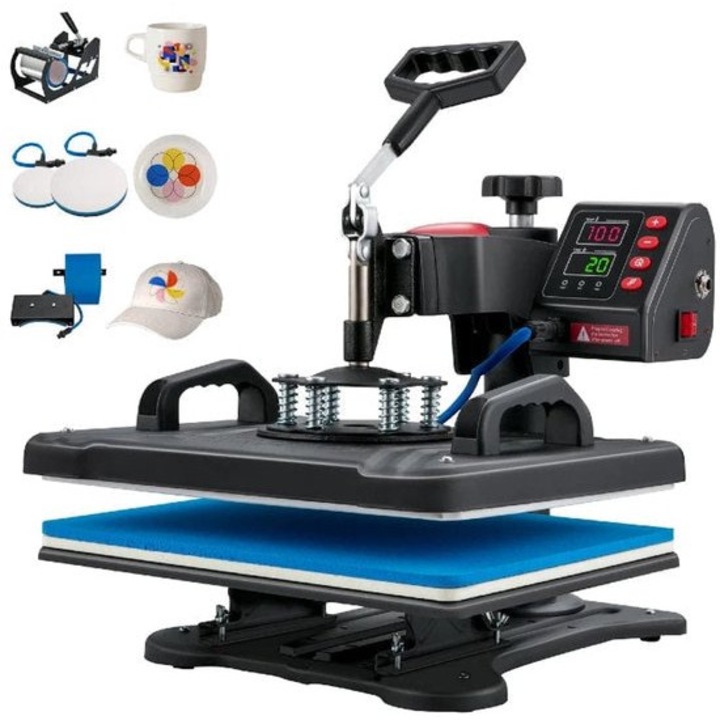 Presa termica 5-in-1 Corenia QRE-901093, pentru textile, cani si sepci, suprafata 12 x 15 inch (29 x 38 cm), afisaj digital temperatura/timp, strat teflonat, brat pivotant 360°