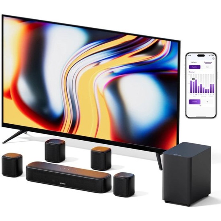 Soundbar Corenia Aura A40 (QRE-901082) 7.1 surround cu subwoofer 4 inch, difuzoare spate wireless, Bluetooth 5.3, control prin aplicatie si RGB, negru