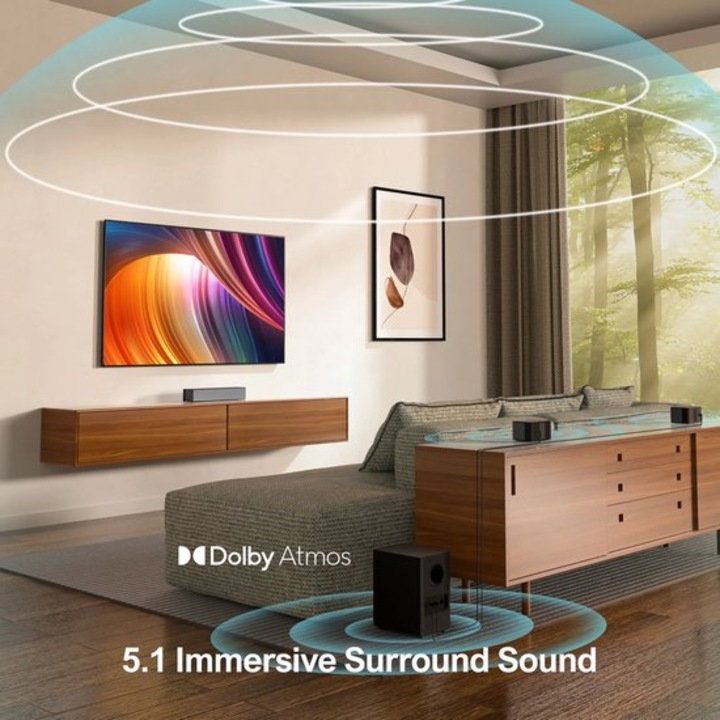 Soundbar Corenia QRE-1021072, sistem 5.1 Dolby Atmos cu subwoofer wireless si boxe surround, HDMI-eARC, negru