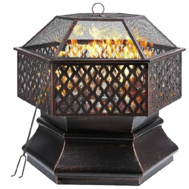 Focar de gradina si gratar Corenia QRE-901194, hexagonal, otel rezistent la caldura, capac plasa si gratar, 69x69 cm, negru