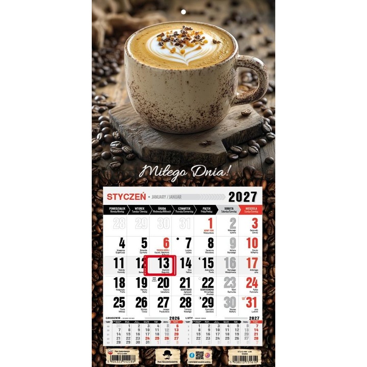 Calendar de perete Pan Kalendarzyk 2027 mini magnetic, design cafea, multicolor, cod 797003