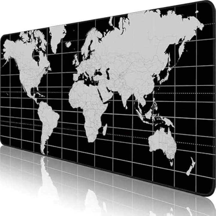Pad de mouse pentru jocuri cu harta a lumii negre, covoras de birou extins mare, baza antiderapanta din cauciuc, tastatura, mouse pad, cu margini cusute pentru laptop de birou si acasa (80 x 30 cm)