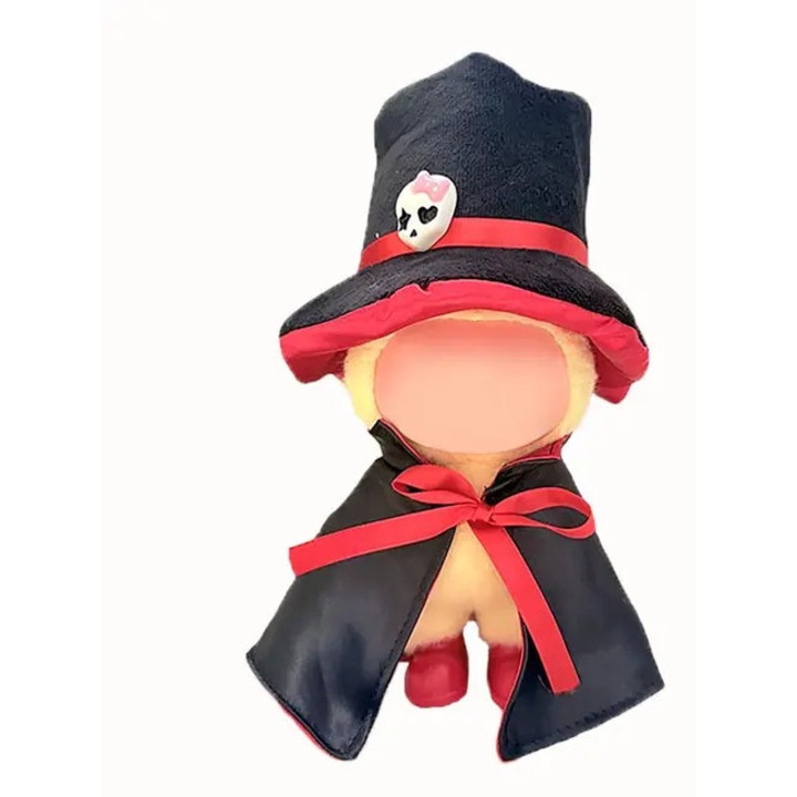 Costum de Halloween pentru papusi Labubu, pelerina si palarie magician cu ornament inima, negru/rosu, 17 cm