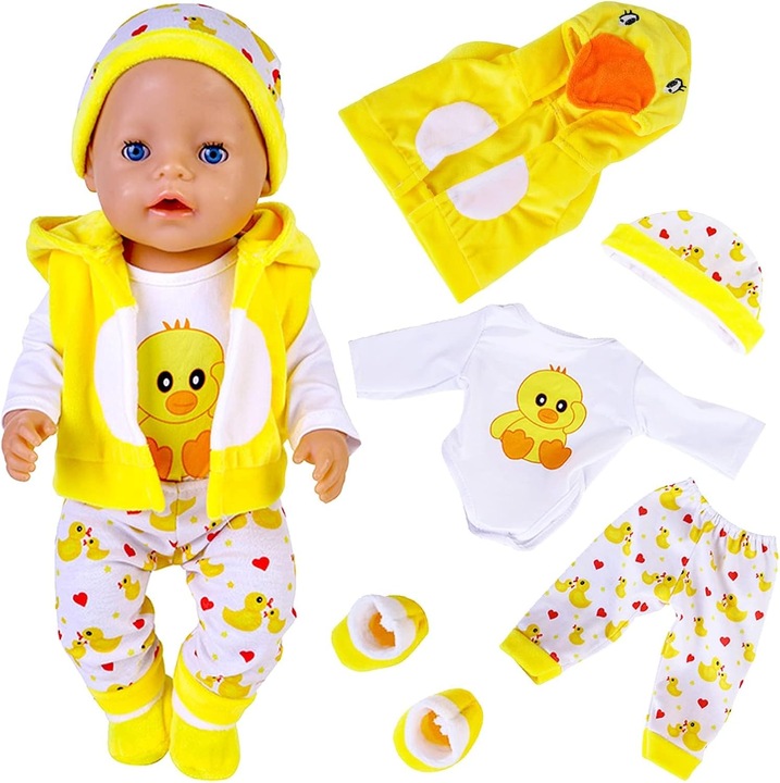 Haine Papusi 35-43 cm, Set 5 Piese Ratuste Galbene, Bumbac