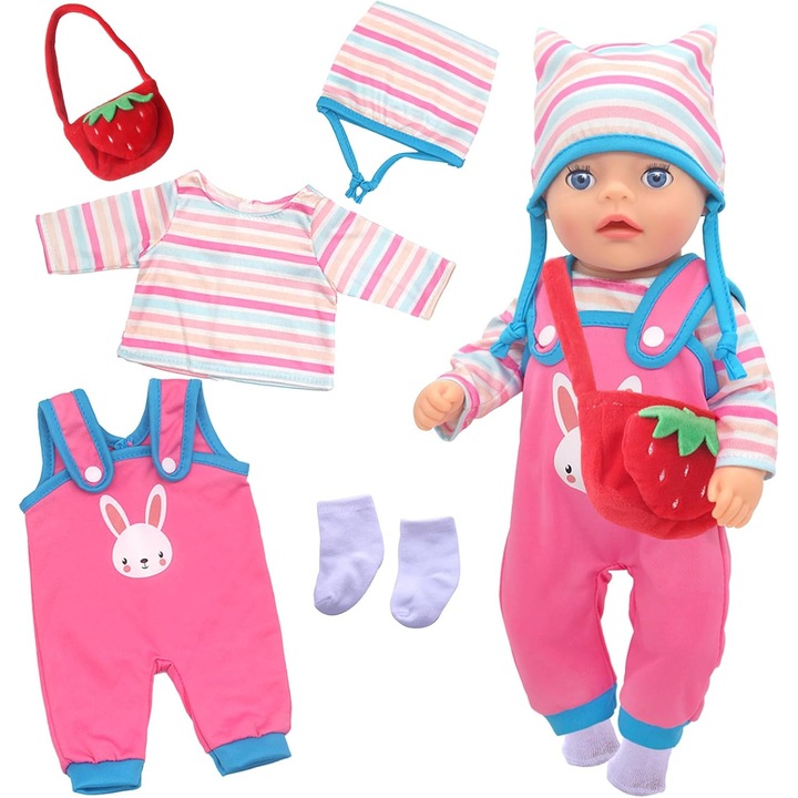 Set 5 Haine Papusi 30-35 cm: Salopeta Iepuras, Bluza, Sosete