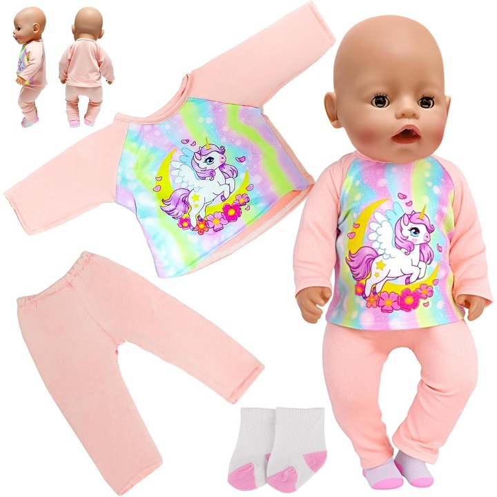Haine pentru Papusi 35-45 cm: Set Pony Roz cu Pantaloni si Sosete