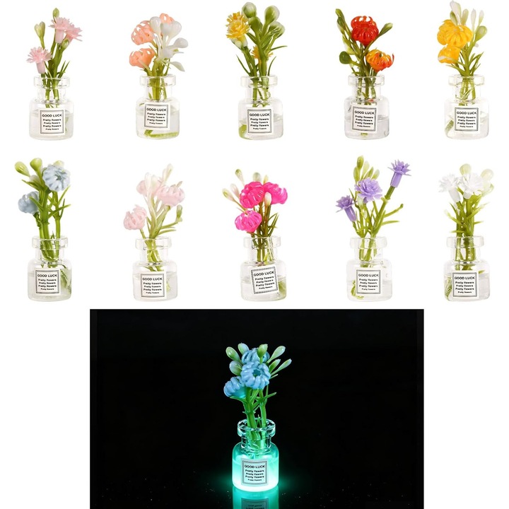 10 Miniaturi Plante Flori Papusi Luminoase, Vaze Mici Plastic 1:12